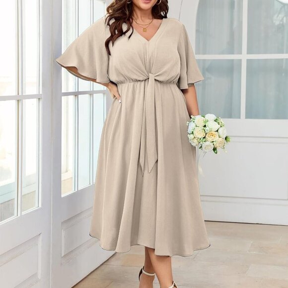 Women Plus Size Midi Dresses Wedding Guest Short Sleeve V Neck Tie Waist Casual - Picture 2 of 6